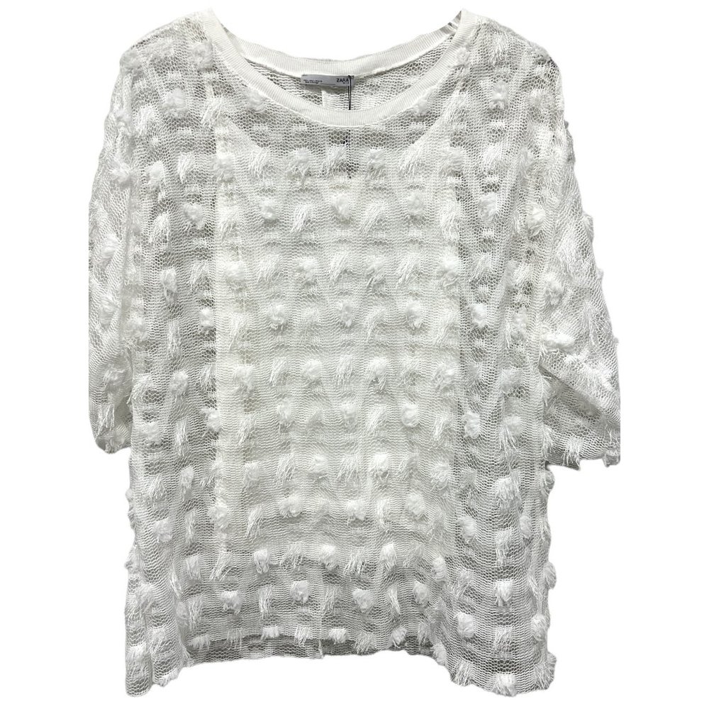 NWT! Zara Textured White Mesh Fringe Pompoms Top
